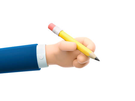 Cartoon businessman character hand holding a big yellow pencil. 3d illustration.の写真素材