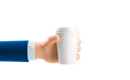 Cartoon businessman character hand holds paper cup with coffee. 3d illustration.の写真素材
