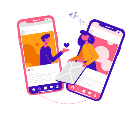 Couple in love texting. Modern vector minimalistic illustration. Social media concept.のイラスト素材