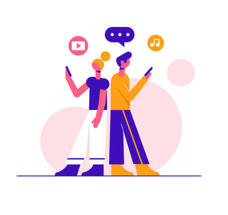 Couple in love texting. Modern vector minimalistic illustration. Social media concept.のイラスト素材