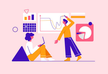 Marketing analysts developing strategy. Modern vector minimalistic illustration. Social media concept.のイラスト素材