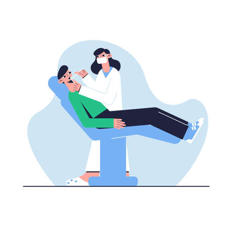 The patient sits in the dentist's chair. Medical concept. Vector illustration.のイラスト素材