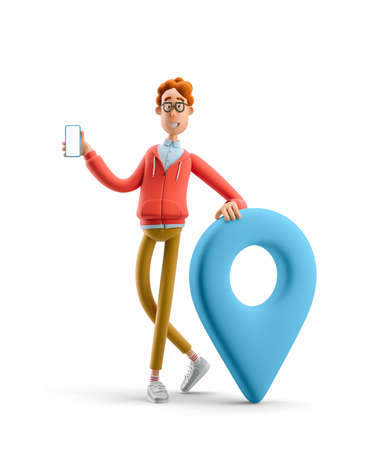 Navigation concept. Nerd Larry with pin sign. 3d illustration.の写真素材