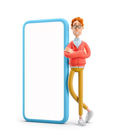 Larry the nerd.  Nerd Larry  standing next to a large phone. 3d illustration.