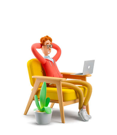 The concept of distance work, study and communication in comfortable conditions at home.  Nerd Larry sits is resting in a chair and watching a video on a laptop. 3d illustration.の写真素材