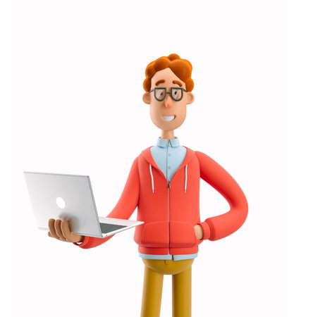 Nerd Larry stand with laptop. 3d illustration.