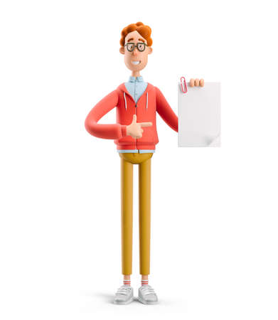 Nerd Larry with document. 3d illustration.の写真素材