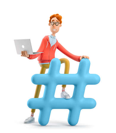 Social network modern communication concept. Nerd Larry with hashtag sign. 3d illustration.の写真素材