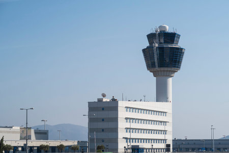 Athens Airport Traffic Control Tower (ATC). Athens International Airport Eleftherios Venizelos is the 30th busiest airport in Europe.のeditorial素材