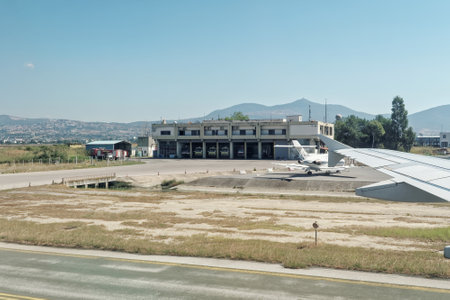Thessaloniki, Greece - August 15 2016: Fire engines in Macedonia airport station Thessaloniki international airport Macedonia (SKG) serves more than 5 million passengers annually.のeditorial素材