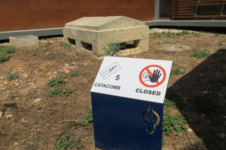 Catacombs of St. Paul Malta, no entrance sign, catacomb closed. Located on the outskirts of Mdina in Malta.のeditorial素材