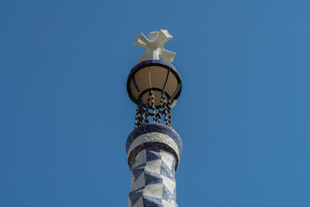 Barcelona, Spain - 24 September 2016: Park Guell Gaudi Laie building rooftop. The roooftop of the house for the gatetkeeper at the entrance of the park.のeditorial素材