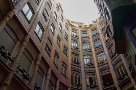 Barcelona Casa Mila La Pedrera in Catalonia, Spain interior view from ground floor. The building was designed and constructed by architect Antoni Gaudi between 1906 and 1912.のeditorial素材