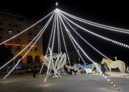 Thessaloniki, Greece - December 11 2016: Christmas decorations at city center. The first night of municipality decorations at the main square of the city, Aristotelous square.のeditorial素材