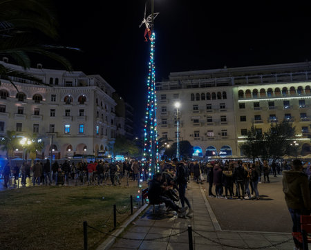 Thessaloniki, Greece - December 11 2016: Christmas decorations at city center. The first night of municipality decorations at the main square of the city, Aristotelous square.のeditorial素材