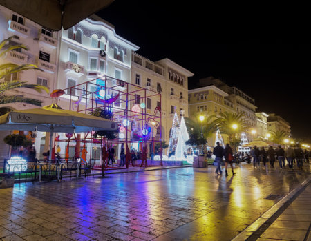 Thessaloniki, Greece - December 11 2016: Christmas decorations at city center. The first night of municipality decorations at the main square of the city, Aristotelous square.のeditorial素材