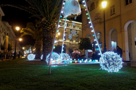 Thessaloniki, Greece - December 11 2016: Christmas decorations at city center. The first night of municipality decorations at the main square of the city, Aristotelous square.のeditorial素材