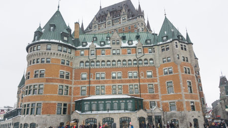 Fairmont Le Chateau Frontenac snow external view of the iconic grand hotel inside the walls of Old Quebec.のeditorial素材