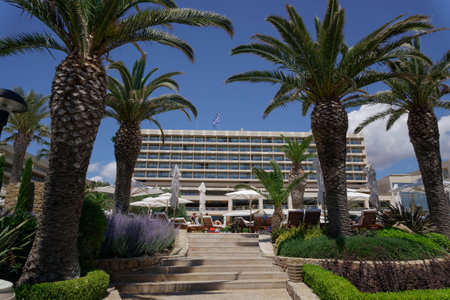 Halkidiki, Greece Sani luxury hotel resort view. Day view of hotel complex with Greek flag on top at Sani resort in Kassandra Chalkidiki peninsula.のeditorial素材