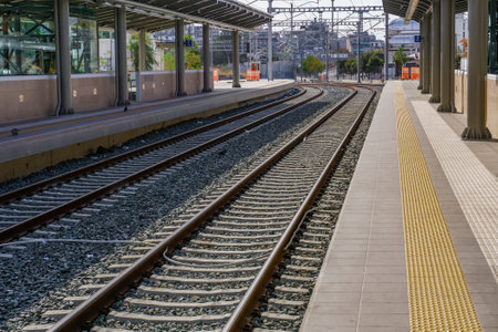 Athens main railway TrainOSE station Larissa Station. Day view of Stathmos Larisis railway platforms area with track lines.のeditorial素材
