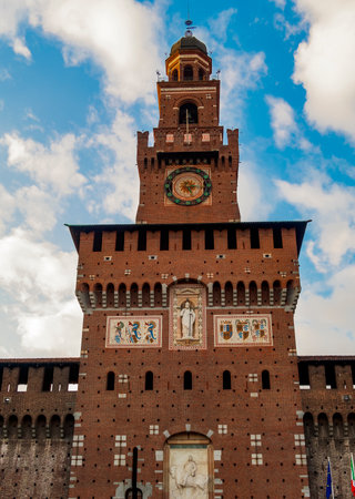 Milan, Italy Castello Sforzesco - Sforzesco Castle Torre del Filarete view. External day view of The Filarete Tower at 15th century medieval fortress Sforza Castle, currently a city museum.のeditorial素材