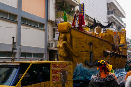 Xanthi, Greece Carnival King in costume, wearing a crown. This year a carnival king was chosen to be dressed as a pirate.のeditorial素材
