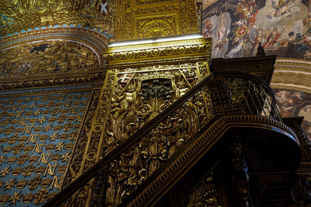 Valletta, Malta St John Roman Catholic Co-Cathedral interior art. Maltese cross and symbols with NC Nicholas Cottoner artist monogram inside church built for the Knights of St John.のeditorial素材
