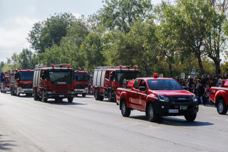 Greek Fire Service trucks during Oxi Day parade in Thessaloniki, Greece. Hellenic Fire Brigade...