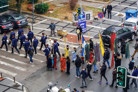 Street procession of Greek Old Calendarists, celebrating epiphany day in Thesaloniki, Greece....