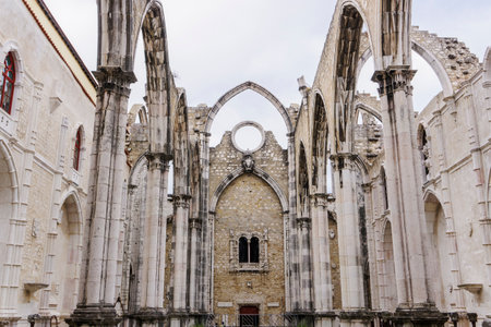 Lisbon, Portugal Carmo Convent Church ruins. Day view of main nave ruins and arches of The Convent of Our Lady of Mount Carmel, Convento da Ordem do Carmo damaged by 1755 earthquake.のeditorial素材