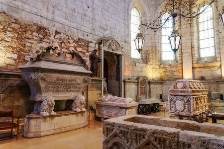 Lisbon, Portugal Carmo Chruch Convent stone sarcophagi exhibits. Gothic style stone casket sarcophagi with carvings in Carmo Monastery Museum at The Convent of Our Lady of Mount Carmelのeditorial素材
