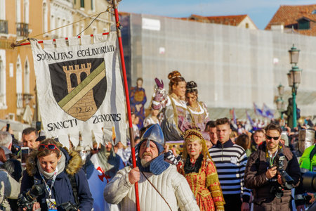 Venice, Italy Carnival celebration Festa delle Marie walking parade. The historical yearly Feast of the Marie with escorting groups in costumes before crowd, during Venice Carnival 2019 celebrations.のeditorial素材