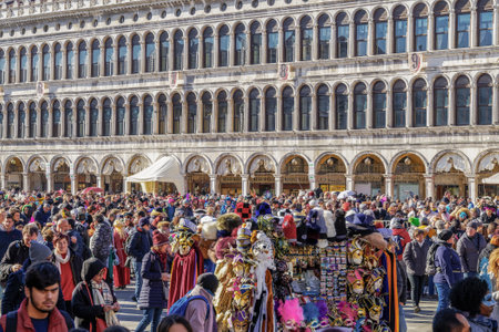 Venice, Italy Crowd gathered for the Venice Carnival at Saint Mark square.Large crowd waits to attend Venice Carnival 2019 parade in front of at Piazza San Marco.のeditorial素材