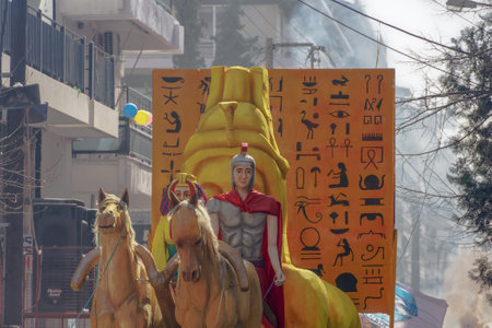 Xanthi, Greece Carnival parade floats.Decorated Greek Carnival platforms towed by a vehicle for the parade on the streets of Xanthi town.のeditorial素材