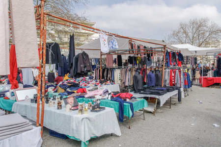 Street vendors selling products at large bazaar market in Xanthi, Greece.Open air street vendors...