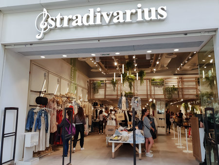 Stradivarius Inditex company clothing shop entrance. International women and men fashion and...