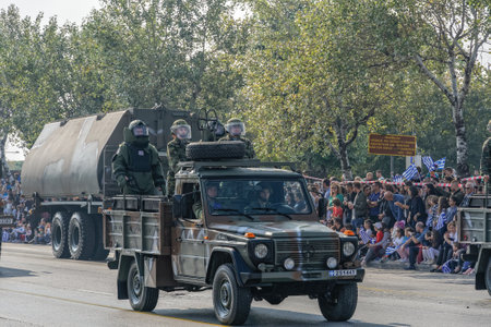 Thessaloniki, Greece Oxi Day Greek Army vehicles parade. March during national day celebration military parade, commemorating Greek no against the Mussolini Italian 1940 ultimatum.のeditorial素材