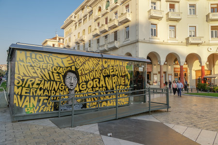Thessaloniki, Greece 60th Film Festival Ticket box and festival shop at Aristotelous square. 60th Thessaloniki International Film Festival takes place October 31 - November 10 2019.のeditorial素材