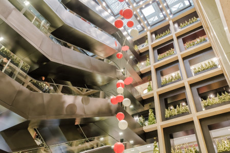 Rome, Italy Rinascentre Roma Tritone Department Store Interior. Christmas festive decorations at the Italian flagship store in the Roman capital, with illuminated Christmas trees.のeditorial素材