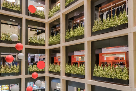 Rome, Italy Rinascentre Roma Tritone Department Store Interior. Christmas festive decorations at the Italian flagship store in the Roman capital, with illuminated Christmas trees.のeditorial素材