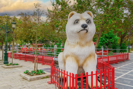 Thessaloniki, Greece Christmas decorations at Aristotelous square. Day view of festive instalments with an artificial bear construction at the northern part of main city square.のeditorial素材