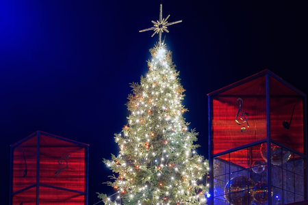 Thessaloniki, Greece Christmas decorations at Aristotelous square. Night view of festive instalments at the southern part of main city square.のeditorial素材