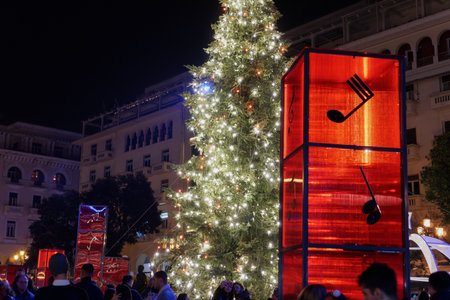 Thessaloniki, Greece Christmas decorations at Aristotelous square. Night view of festive instalments at the southern part of main city square.のeditorial素材