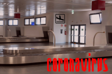 Airport empty luggage belt COVID-19 world outbreak no flight concept. No crowd at baggage carousel...