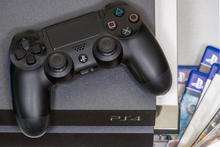 Thessaloniki, Greece - April 10 2020: PlayStation 4 DualShock 4 wireless controller top view....