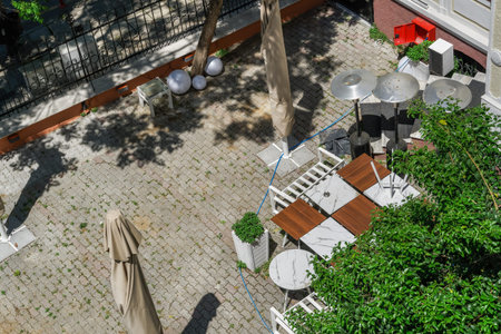 Thessaloniki, Greece Empty outdoors tables as Coronavirus measures affect business & life. Greek bar...