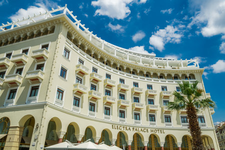 Thessaloniki, Greece - August 02 2020: Electra Palace Hotel renovated facade. Day view of luxurious five-star hotel at Aristotelous main square on a sunny day.のeditorial素材