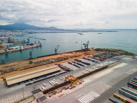 Thessaloniki, Greece - August 16 2020: Aerial drone landscape view of city port area. Day top panorama of large motorized cranes on sea port, with cargo containers on commercial berthing dock pier.のeditorial素材