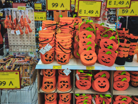 Thessaloniki, Greece - October 27 2020: Halloween supermarket products on shelf. Festive decorations including pumpkin mock-ups, on display for sale inside shop gallery.のeditorial素材