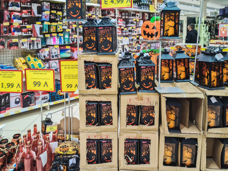 Thessaloniki, Greece - October 27 2020: Halloween supermarket products on shelf. Festive decorations including pumpkin mock-ups, on display for sale inside shop gallery.のeditorial素材